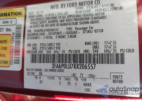 2019 Ford Fusion Hybrid Se z USA, uszkodzony, nr VIN 3FA6P0LU7KR206557